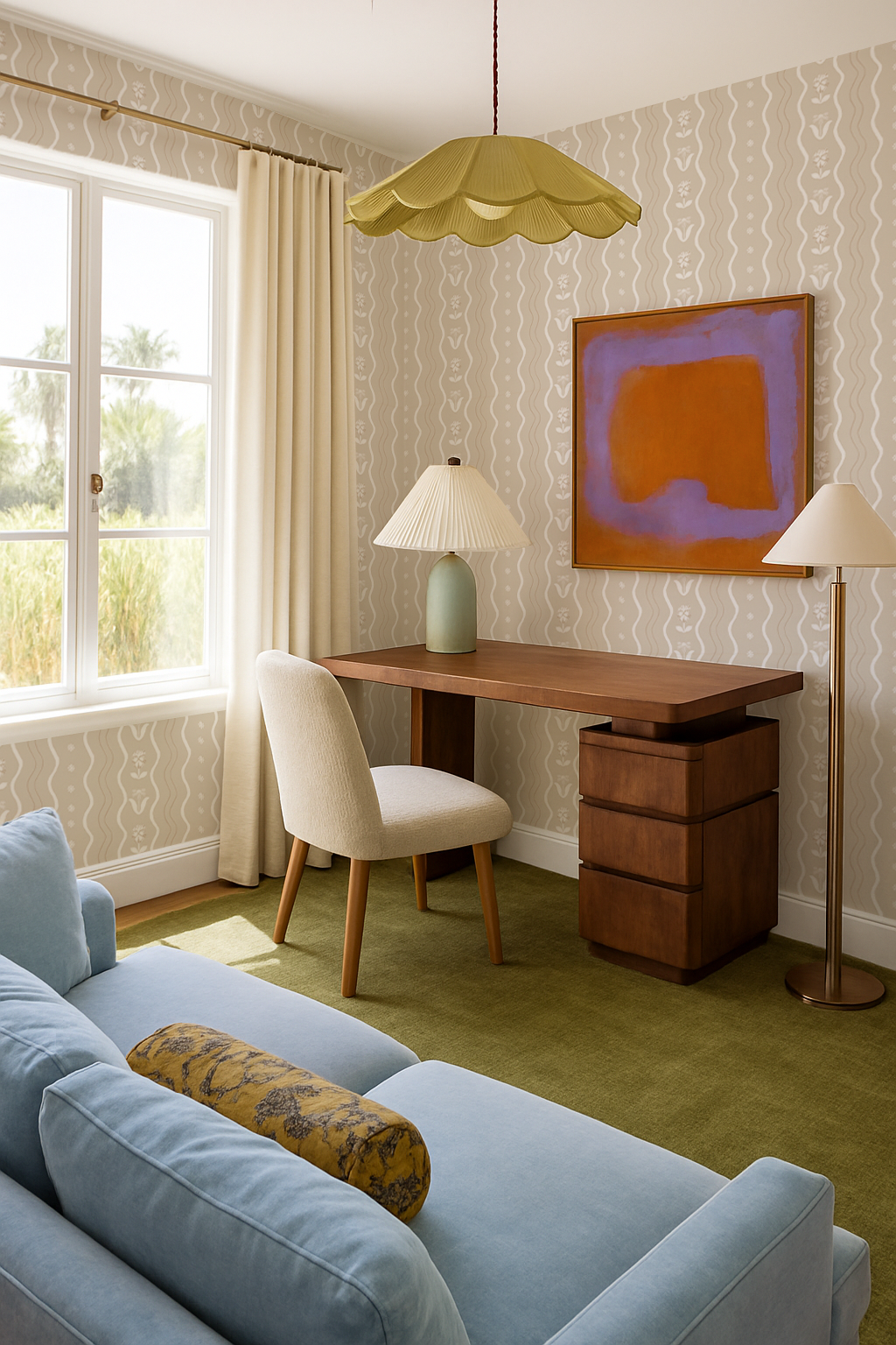 Posy Lane Stripe Wallpaper, tan and white