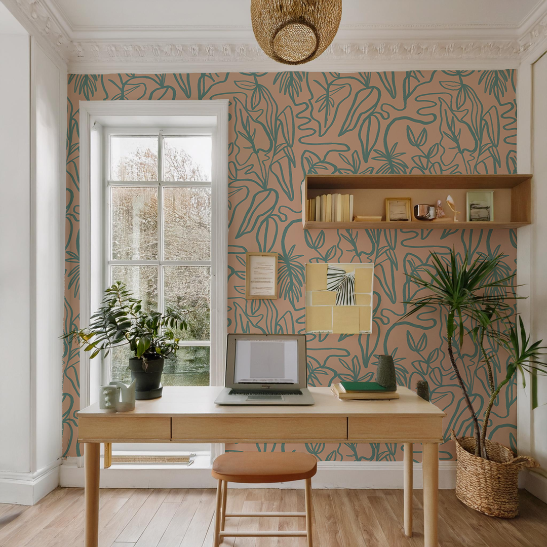 Inked Foliage Wallpaper, peach and teal