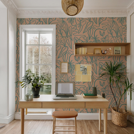 Inked Foliage Wallpaper, peach and teal