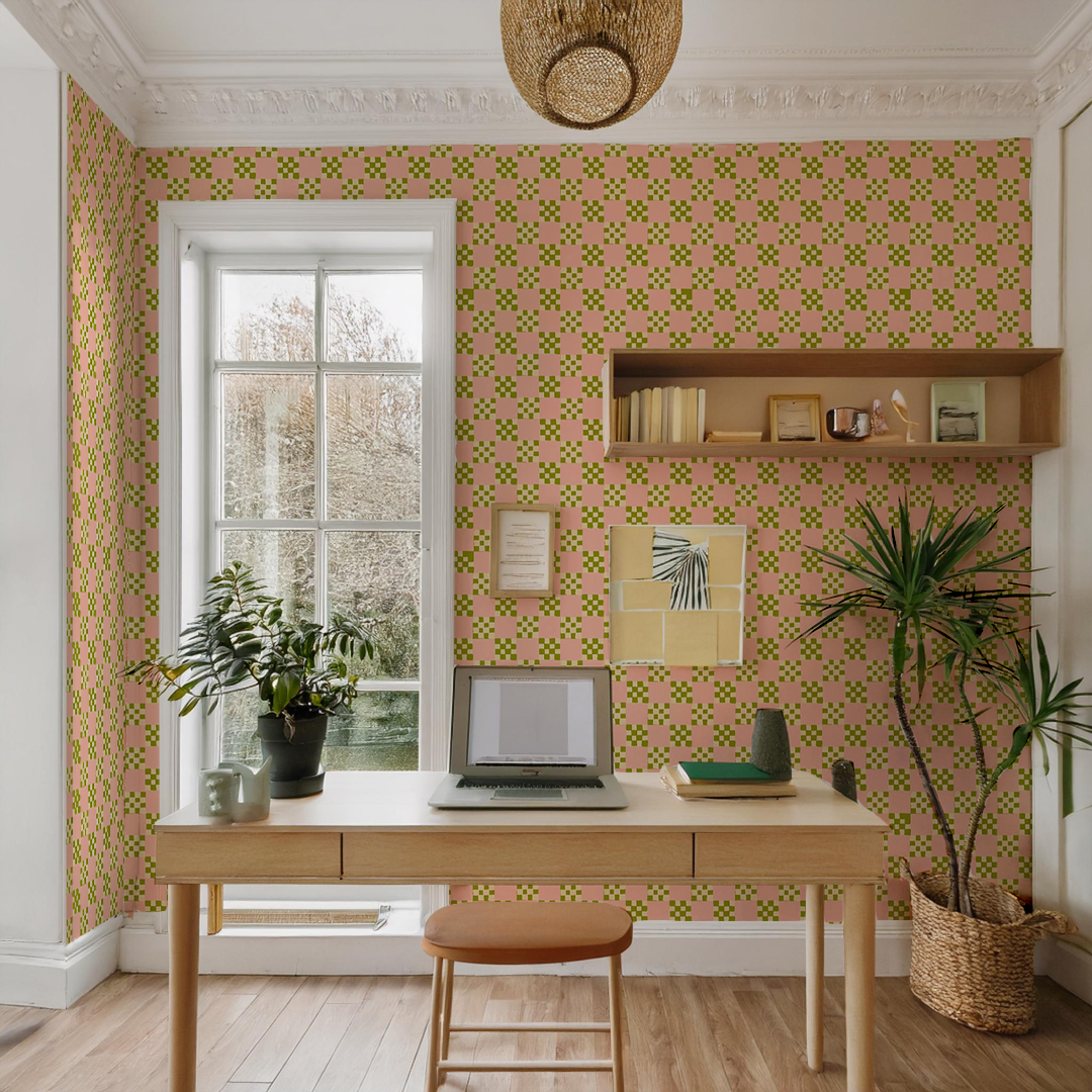Checkered Quilt Wallpaper, pink, olive green and light beige