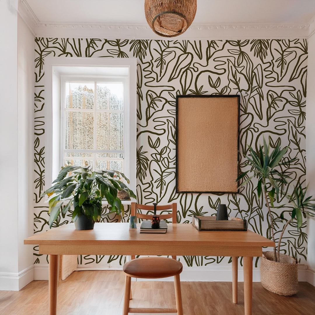 Inked Foliage Wallpaper, white and olive green