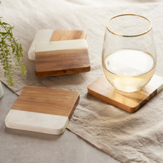 Marble & Acacia Coaster Set