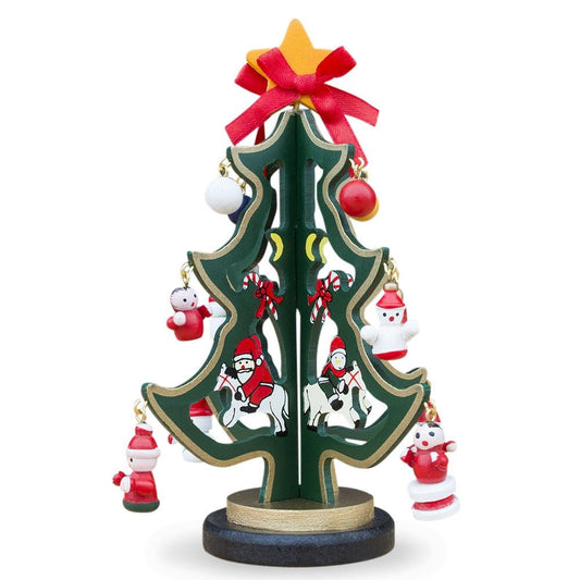 Delightful Wooden Tabletop Christmas Tree with Santa and Miniature Ornaments 6.5 Inches Tall