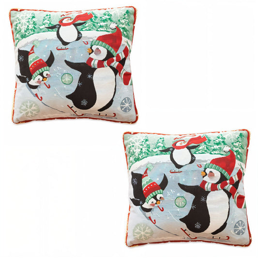 Set of 2 Skating Penguins Christmas Throw Pillow Covers