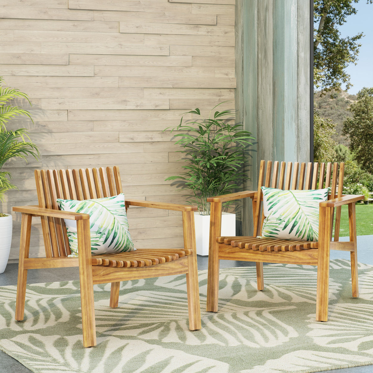 Outdoor Acacia Wood Slatted Club Chairs, Set of 2