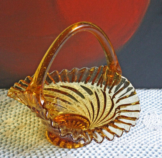 Depression Amber Glass Basket with Ruffled Rim