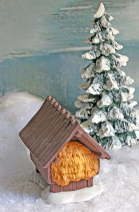 Department 56 Barn with Hay. Brown Roof Barn, Christmas Village Accessory.