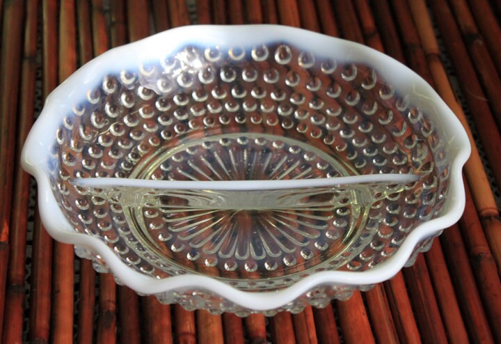 Anchor Hocking Moonstone Divided Bowl.  Milk Glass and Clear Glass Hobnail Pattern Shallow Serving Bowl.