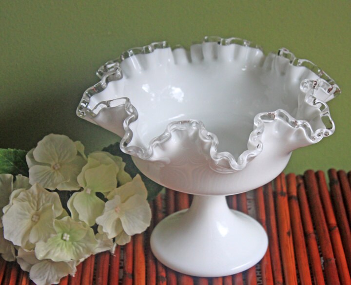Fenton Milk Glass Footed Bowl with Silver Crest Ruffled Edge. Milk Glass  Collectible Compote by Fenton.