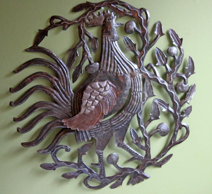 Large Rooster Wall Art. Extra Large Hand Cutout and Hammered Metal Sheet Rooster.