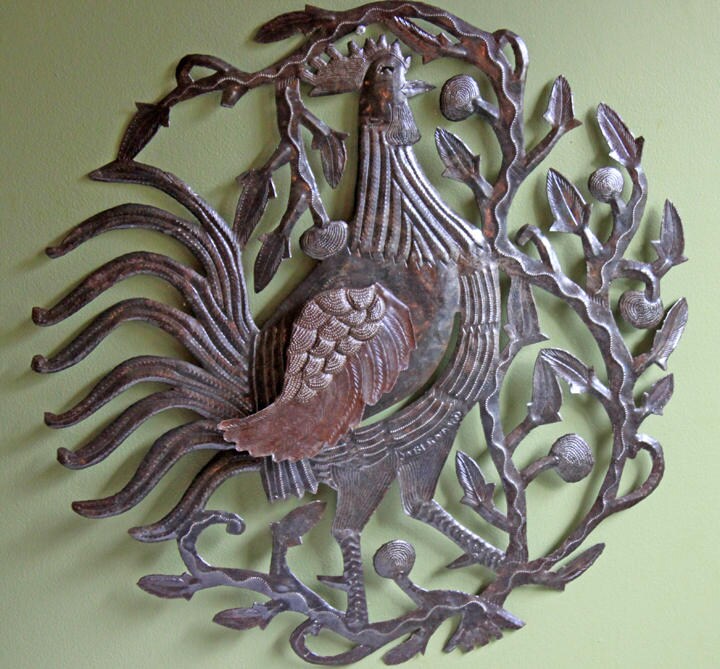 Large Rooster Wall Art. Extra Large Hand Cutout and Hammered Metal Sheet Rooster.