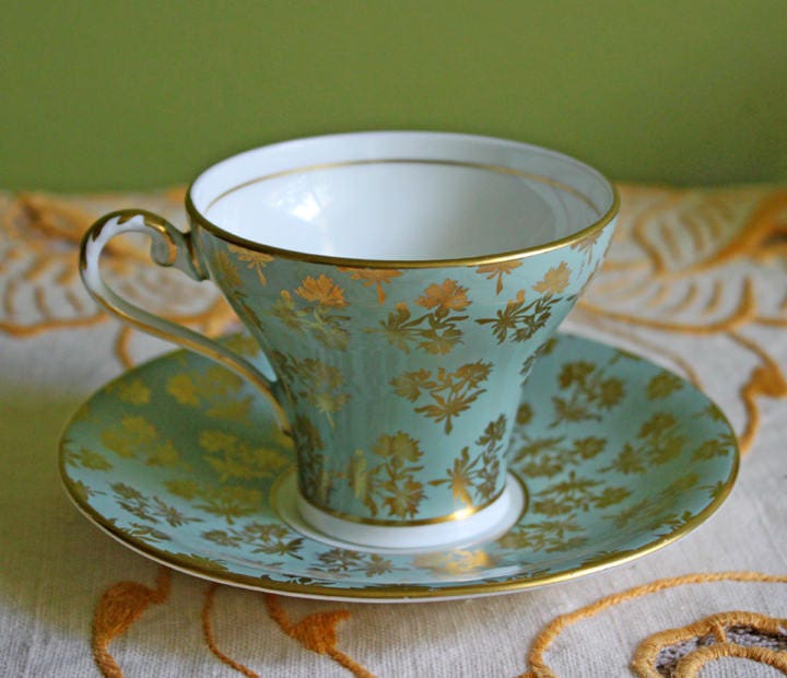 Vintage Royal Albert Cup and Saucer.  Blossom Time Series, Hawthorn. Yellow Handle and Rims.