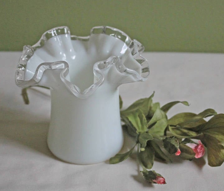 Fenton Milk Glass Vase or Jar with Clear Amber Crest Ruffled Edge