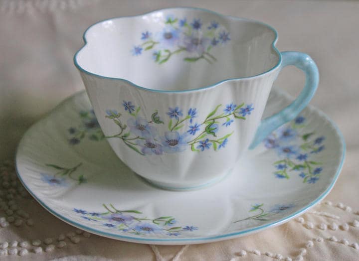 Antique Shelley Porcelain Cup and Saucer: Blue Rock Floral Pattern