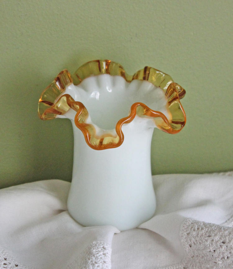 Fenton Milk Glass Vase or Jar with Clear Amber Crest Ruffled Edge