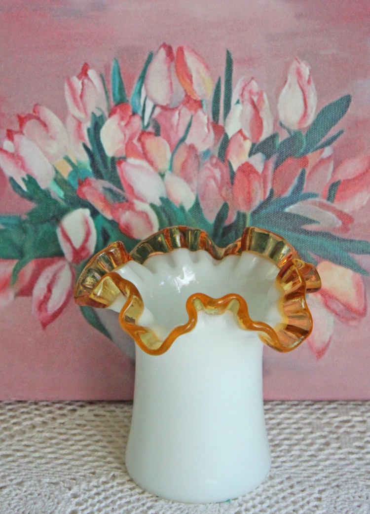 Fenton Milk Glass Vase or Jar with Clear Amber Crest Ruffled Edge