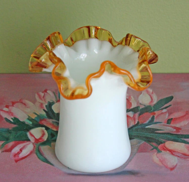 Fenton Milk Glass Vase or Jar with Clear Amber Crest Ruffled Edge