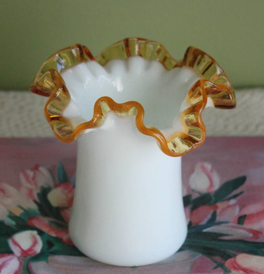 Fenton Milk Glass Vase or Jar with Clear Amber Crest Ruffled Edge