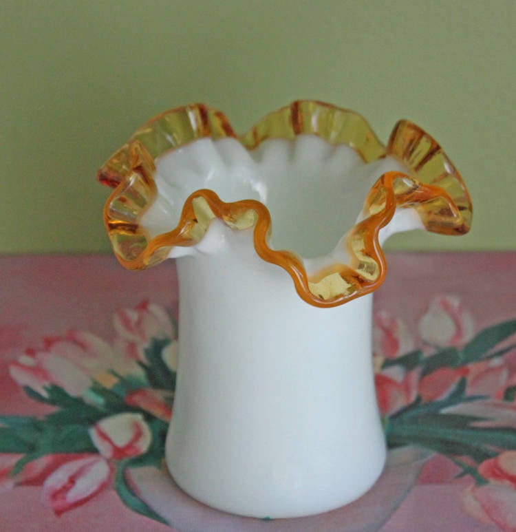 Fenton Milk Glass Vase or Jar with Clear Amber Crest Ruffled Edge