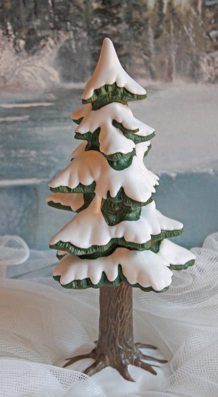Christmas Tree Covered with Snow. Porcelain Village Pine by Department 56. Tree for Christmas Village. Free Standing Winter Decor Accessory.