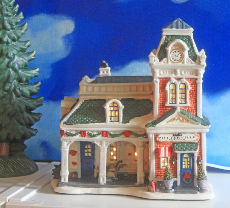Victorian Train Station. Illuminated Christmas Village House. Potterville Station. Holiday Time. Holiday Decor.