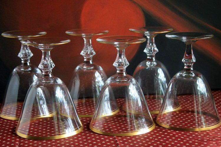 Vintage Crystal Water Goblets with Gold Rim - Set of Nine