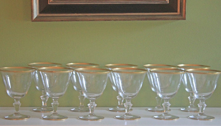 Vintage Crystal Water Goblets with Gold Rim - Set of Nine