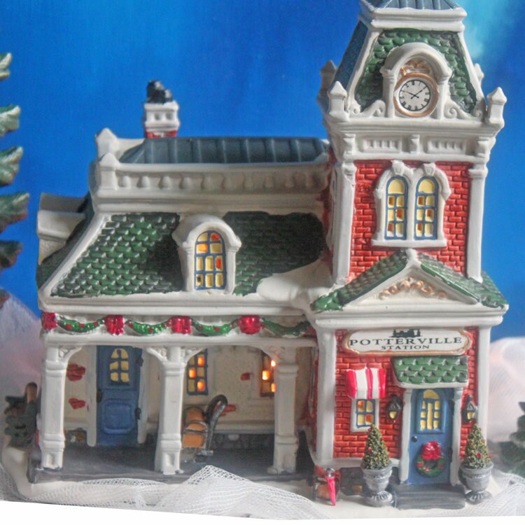 Victorian Train Station. Illuminated Christmas Village House. Potterville Station. Holiday Time. Holiday Decor.