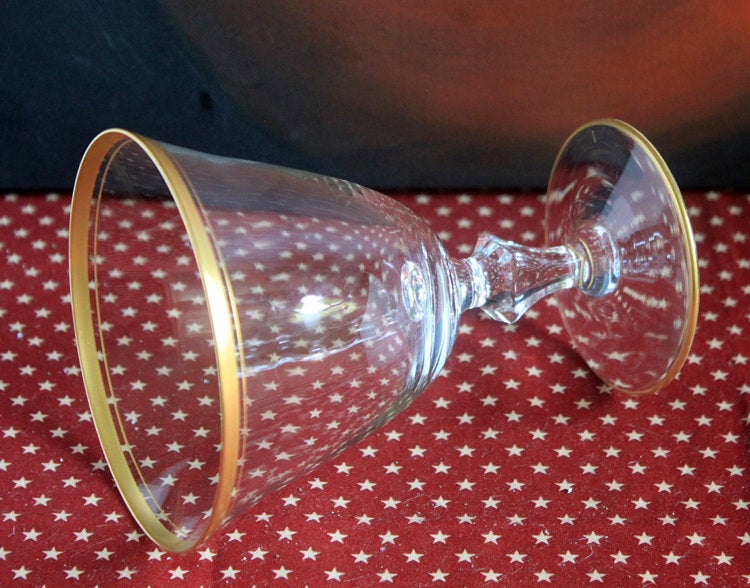 Vintage Crystal Water Goblets with Gold Rim - Set of Nine