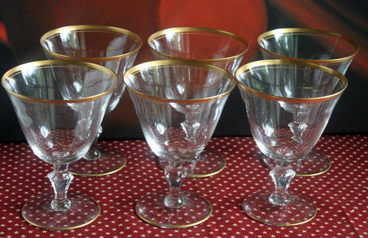 Vintage Crystal Water Goblets with Gold Rim - Set of Nine