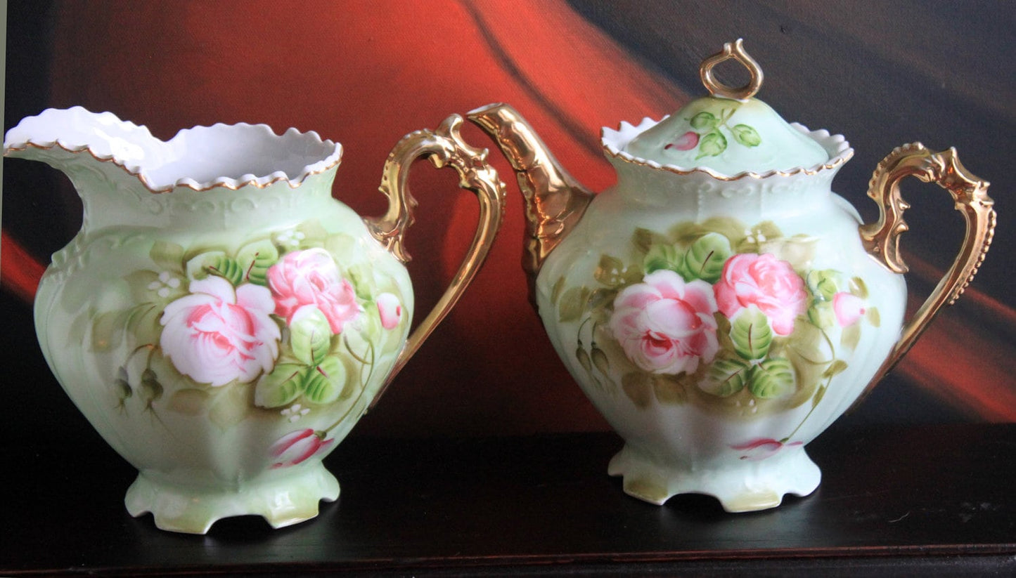 Lefton Porcelain Pitcher Vase: Hand Painted Wild Rose, Gold Trim