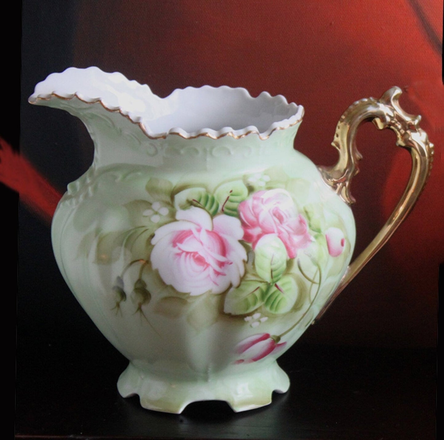 Lefton Porcelain Pitcher Vase: Hand Painted Wild Rose, Gold Trim