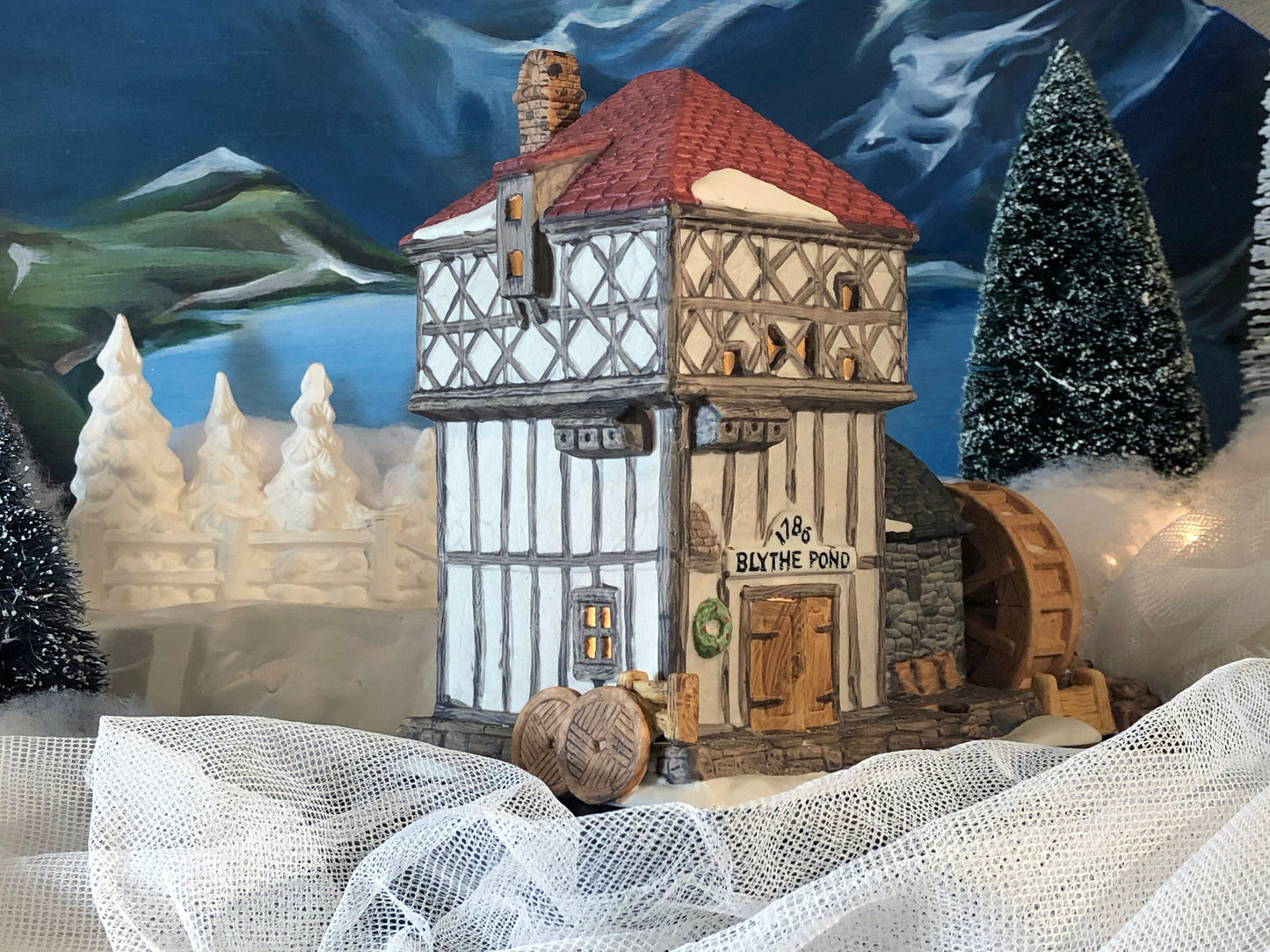 Landgrove Water Mill Porcelain Christmas Village House by O'Well. Santa's Workbench Collection. Holiday Home or Retail Display. Kids Room.
