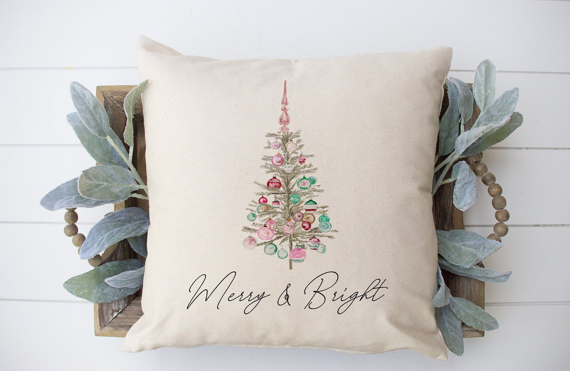 Merry and Bright Vintage Christmas Tree 18x18 inch Pillow Cover featuring a decorative tree design on a neutral linen background.