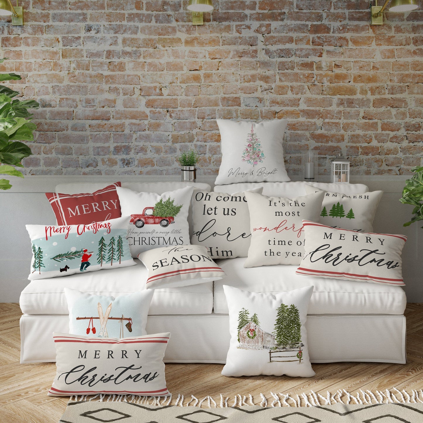 Merry Christmas with Man Carrying Tree 12x20 inch Pillow Cover displayed among festive holiday pillows on a cozy couch.