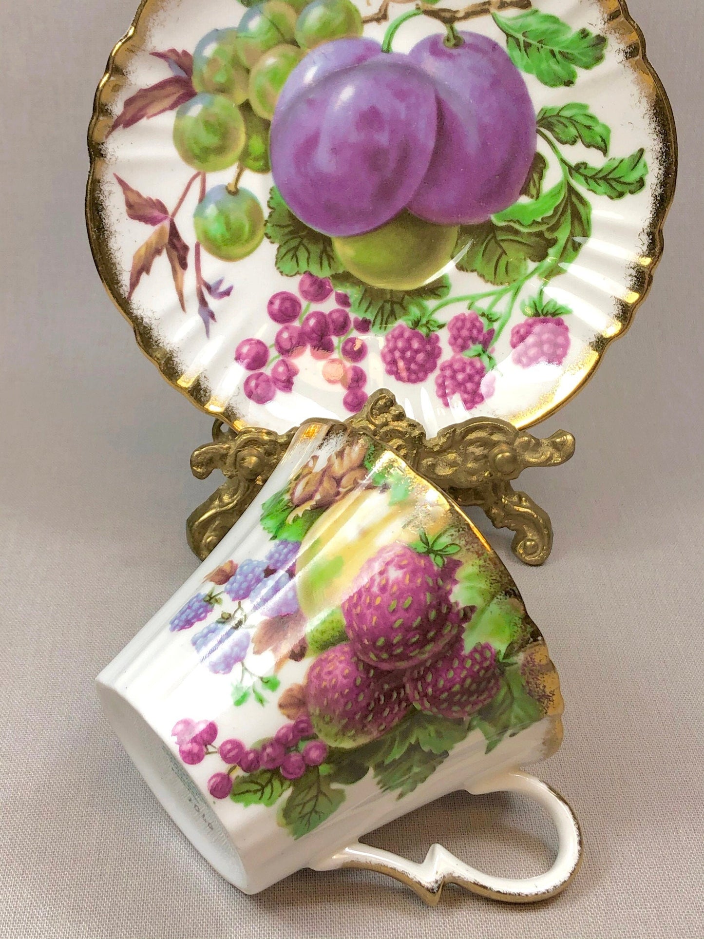 Vintage Tea Cup & Saucer. Aynsley Fine Bone China. Beautiful Fruit Motif: Peaches, Plums, Berries. Collectible Tea Set. Gift for Him or Her.