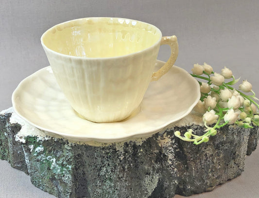 Belleek Cup and Saucer.  Sea Shell Pattern Tea Set Made of Dainty Porcelain in Ireland.  Antique Reg 0857.