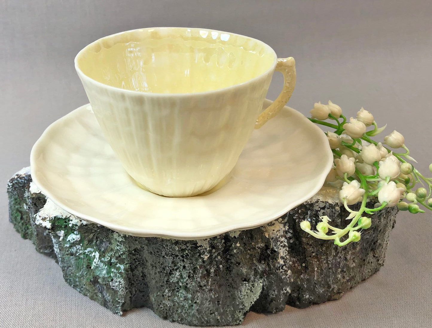 Belleek Cup and Saucer.  Sea Shell Pattern Tea Set Made of Dainty Porcelain in Ireland.  Antique Reg 0857.