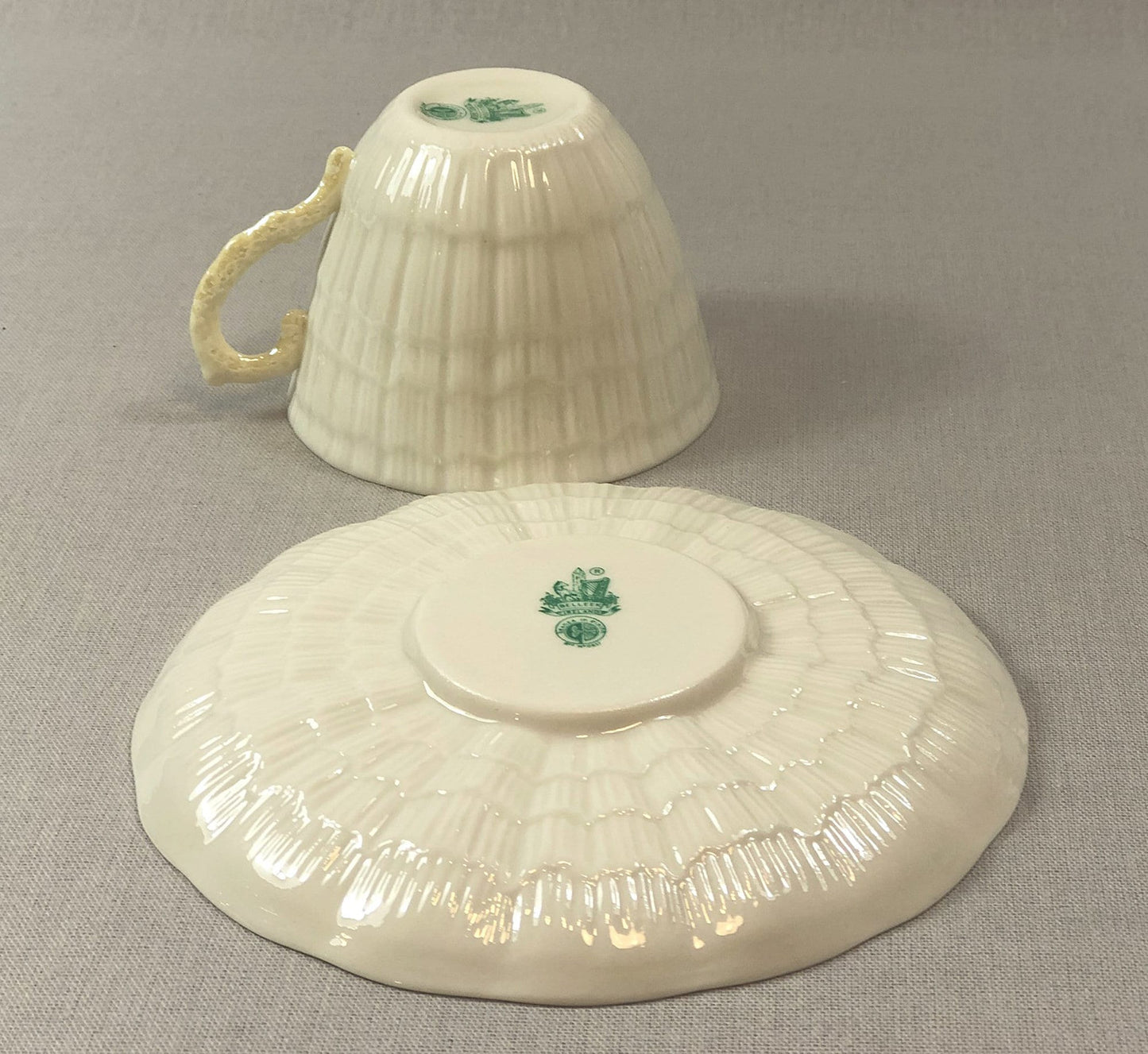 Belleek Cup and Saucer.  Sea Shell Pattern Tea Set Made of Dainty Porcelain in Ireland.  Antique Reg 0857.
