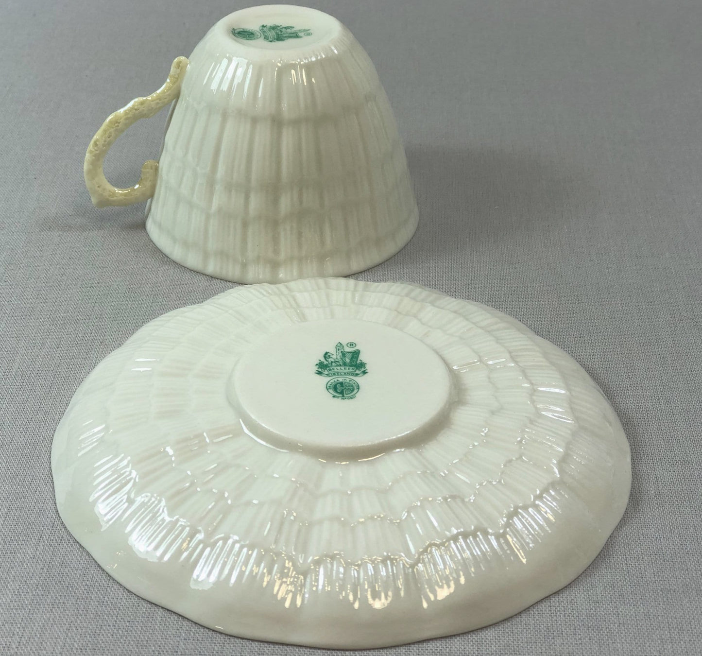 Belleek Cup and Saucer.  Sea Shell Pattern Tea Set Made of Dainty Porcelain in Ireland.  Antique Reg 0857.
