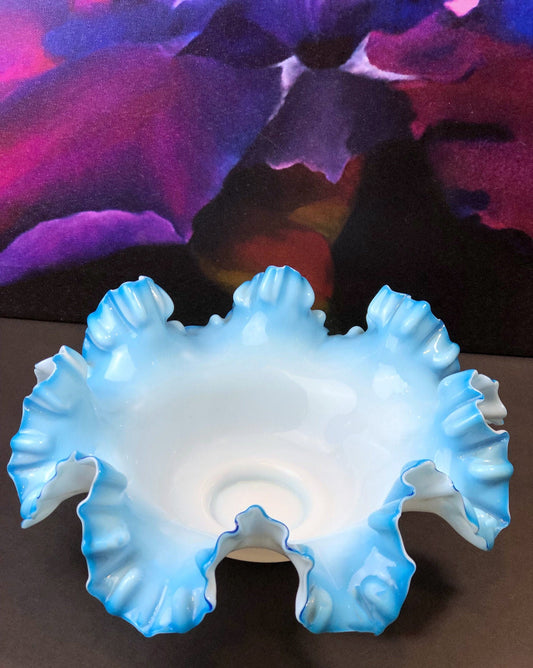 Fenton Blue Opalescent Glass Bowl with Ruffled Rim. Vintage Large Glass Bowl.