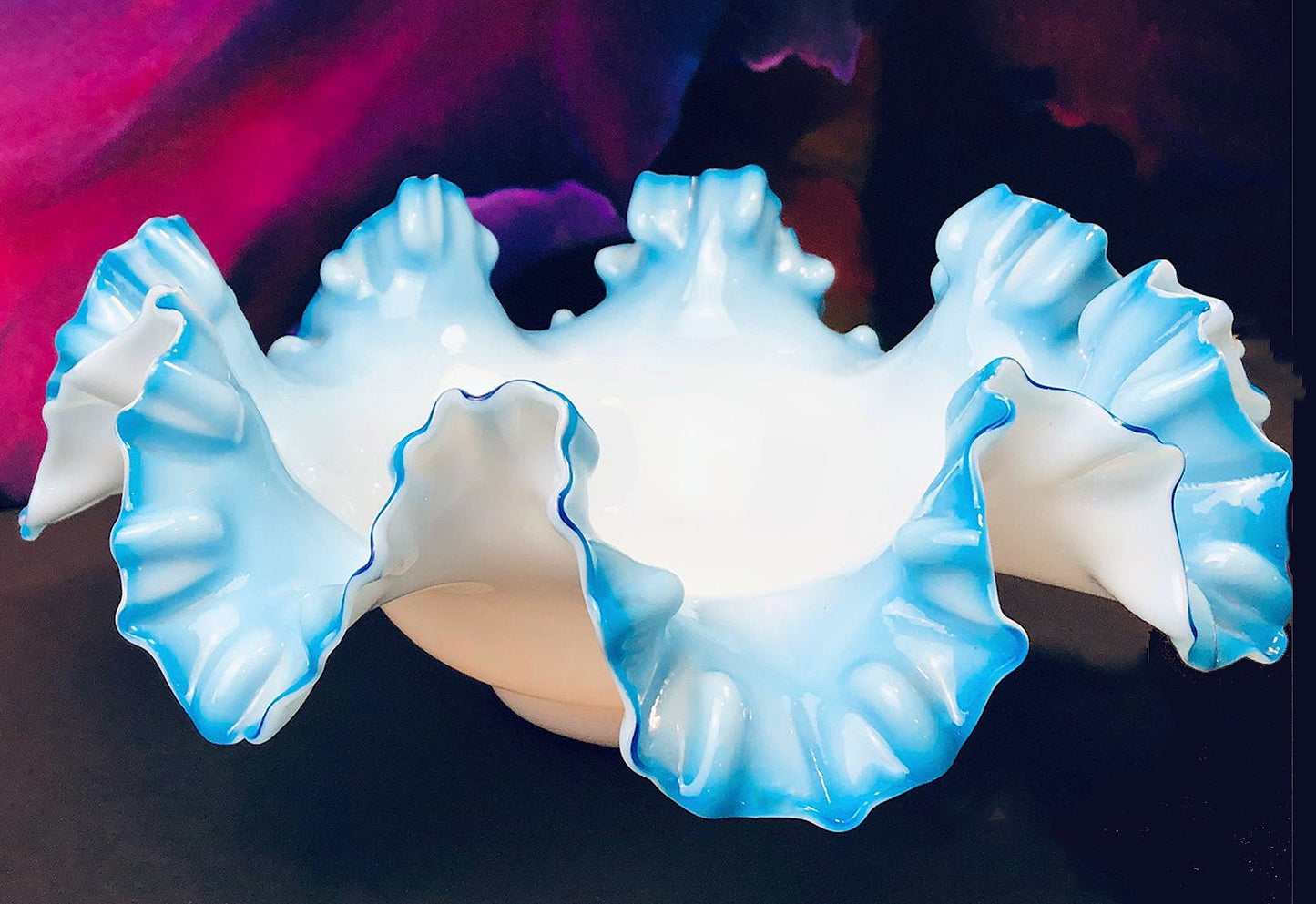 Fenton Blue Opalescent Glass Bowl with Ruffled Rim. Vintage Large Glass Bowl.
