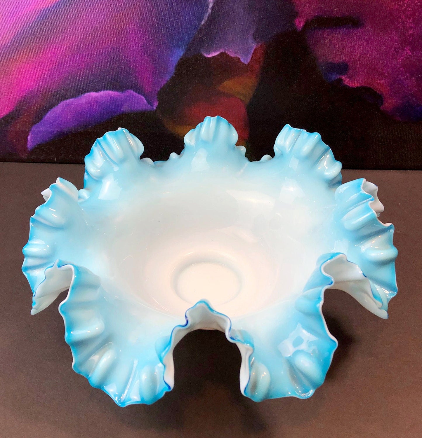 Fenton Blue Opalescent Glass Bowl with Ruffled Rim. Vintage Large Glass Bowl.