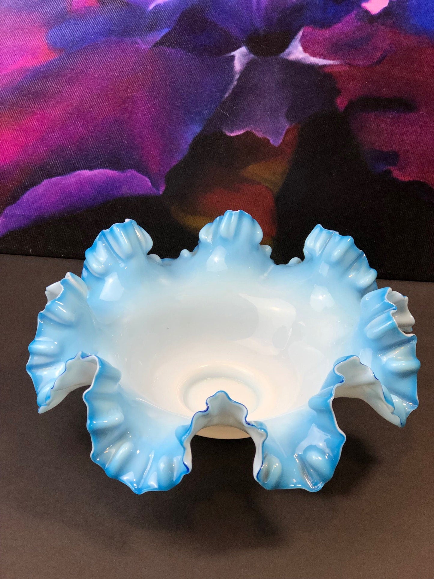Fenton Blue Opalescent Glass Bowl with Ruffled Rim. Vintage Large Glass Bowl.