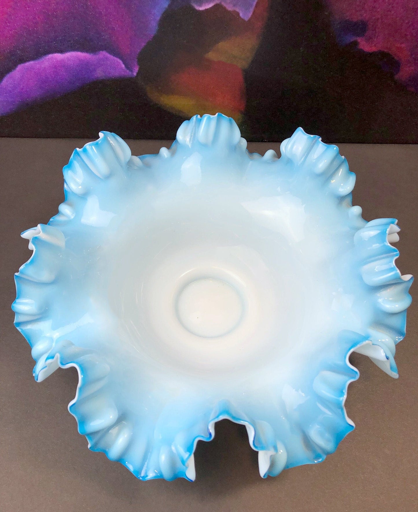 Fenton Blue Opalescent Glass Bowl with Ruffled Rim. Vintage Large Glass Bowl.