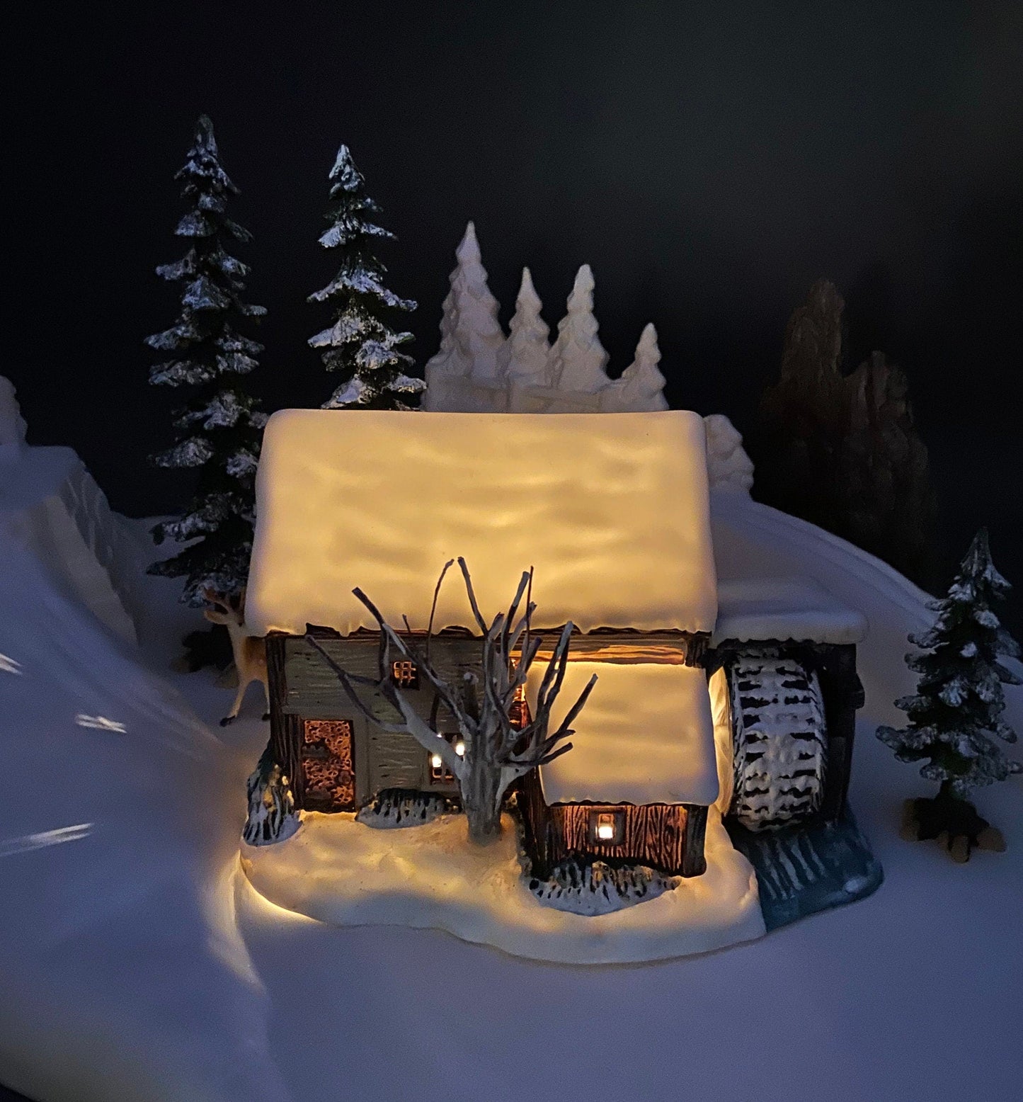Illuminated Christmas Village House/Water Mill.  "Frozen Up" by Currier and Ives.  Collection of the Museum of the City of NY.