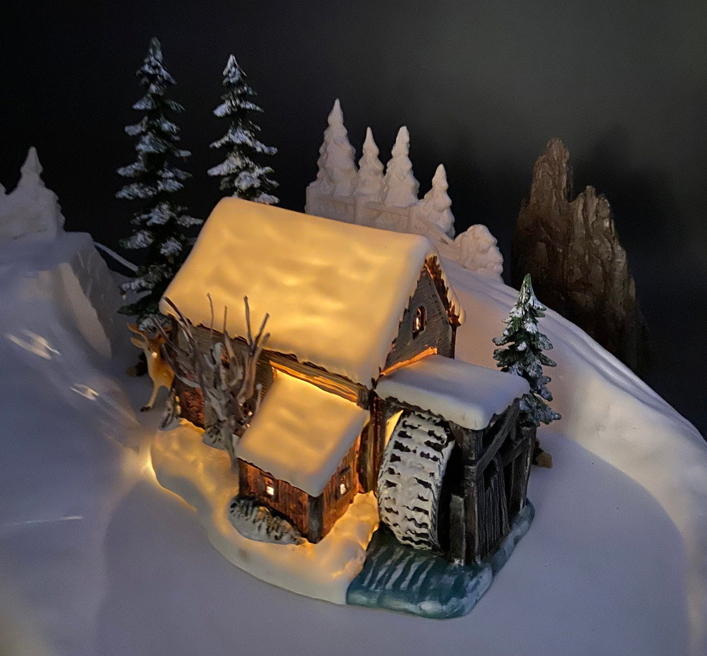 Illuminated Christmas Village House/Water Mill.  "Frozen Up" by Currier and Ives.  Collection of the Museum of the City of NY.