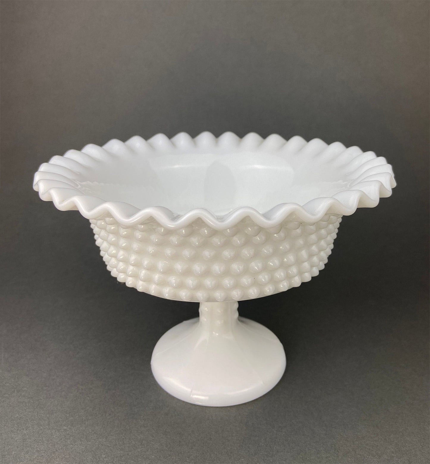Milk Glass Serving Dishes.  Waffle Pattern Footed Bowl and Matching Butter Dish.  Scalloped Edge Design.  Modern Table Centerpieces.