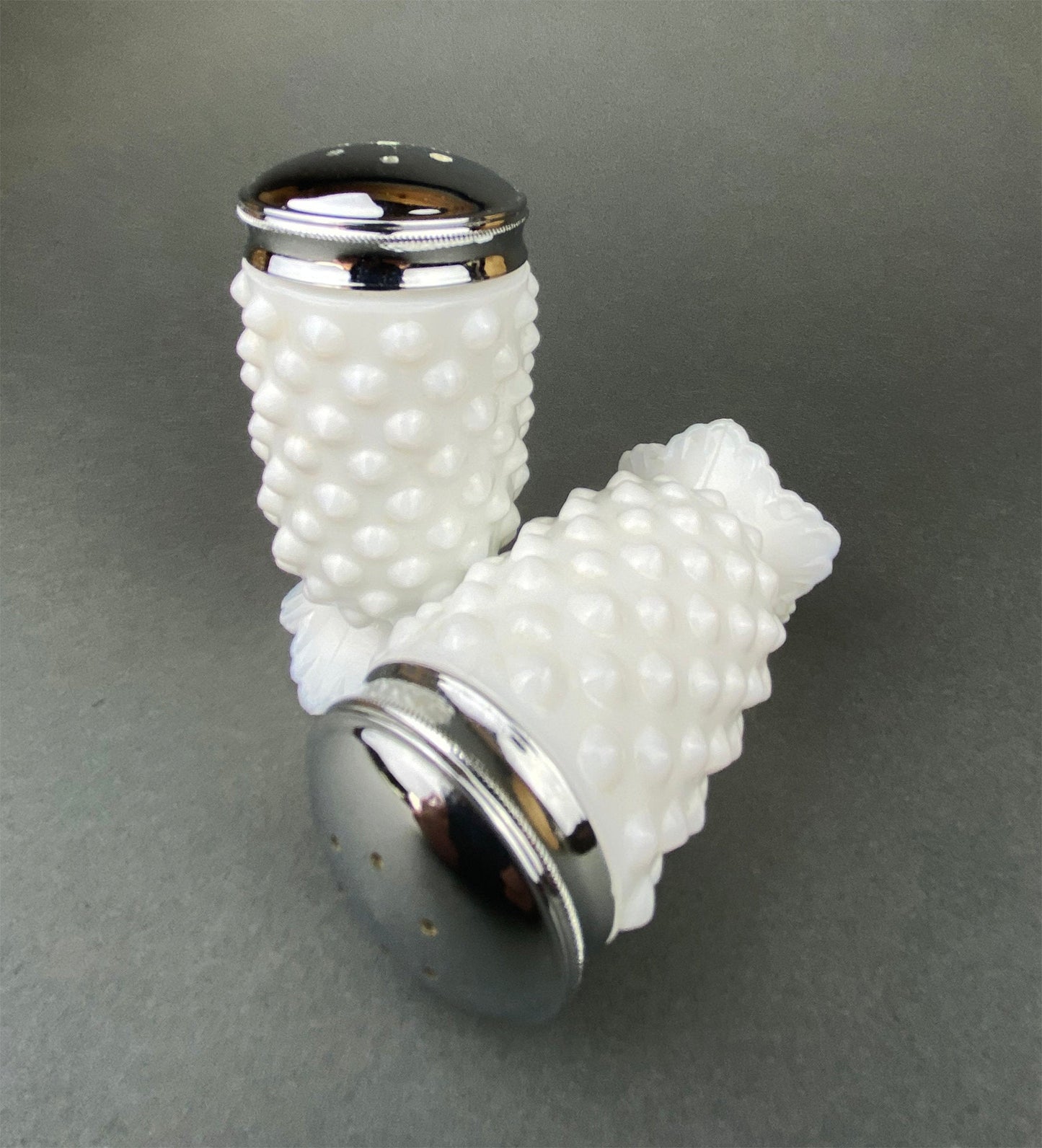 Milk Glass Salt and Pepper Shakers. Grape Vine Motif.