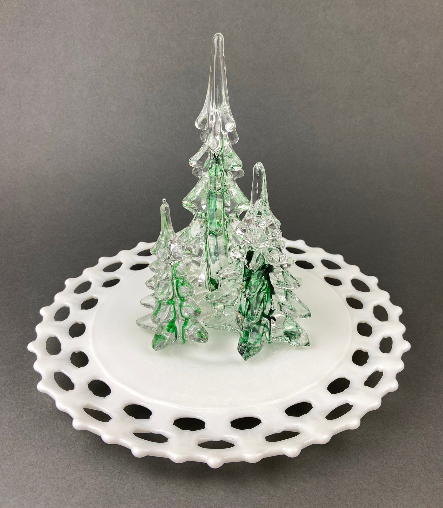 Christmas Village Accessories.  Dressed Christmas Trees by Nikko, Korea. Girl Figurine by Lefton.   Set of Two Trees and Little Girl.